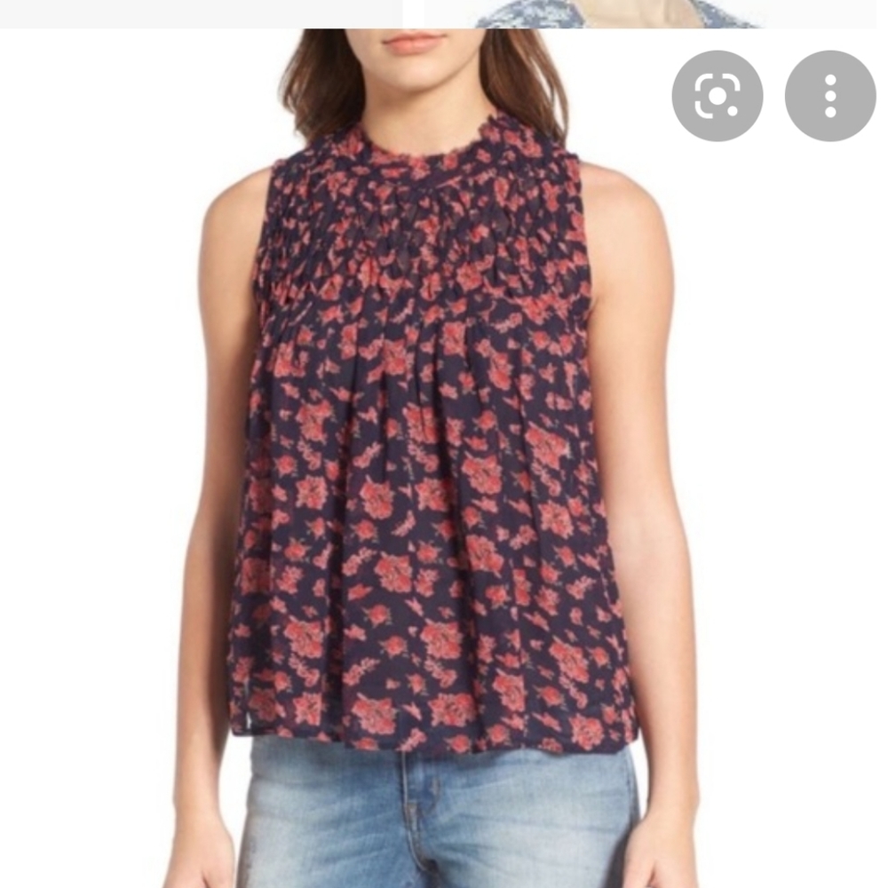 Lucky Brand Blue Floral Sheer Blouse Small